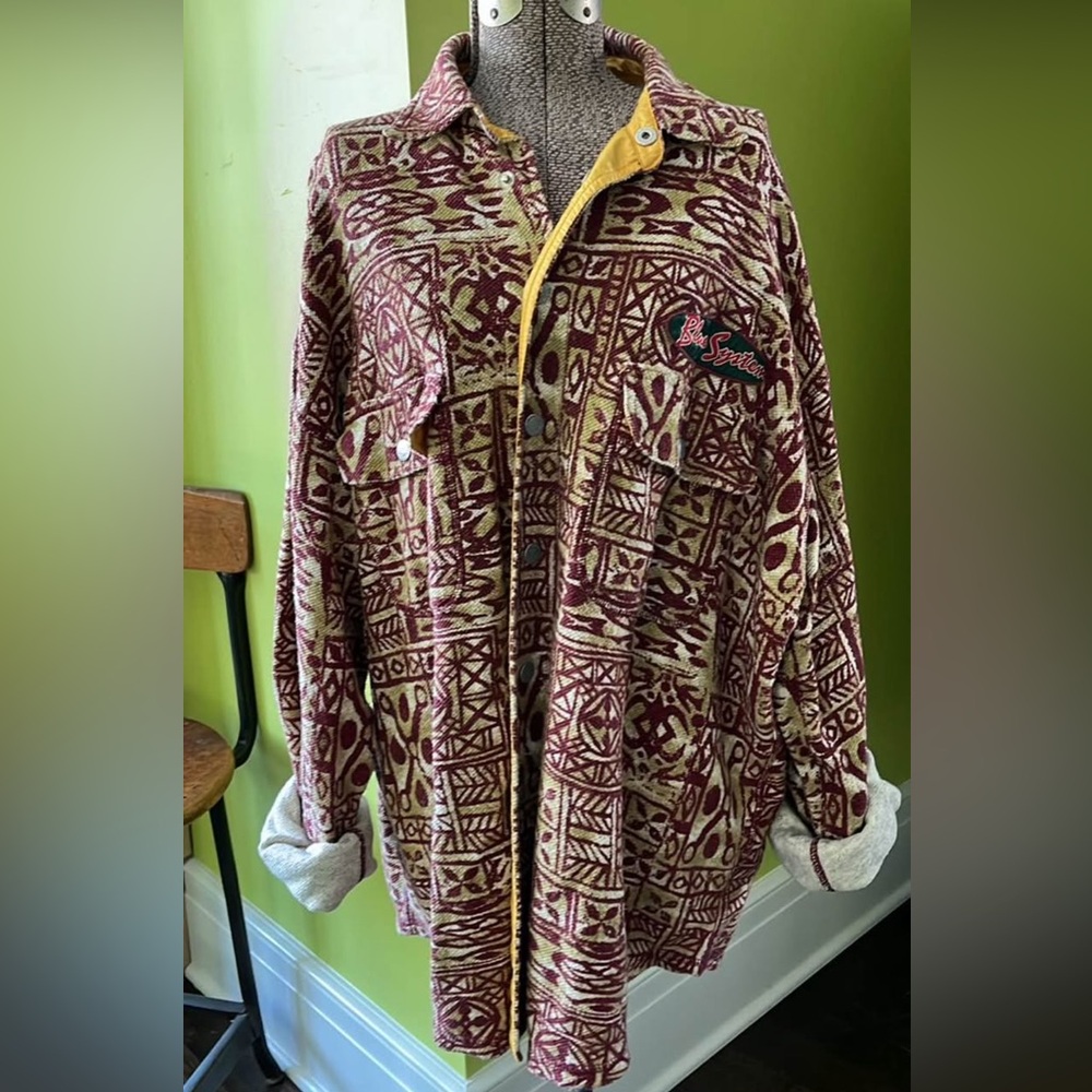 Vintage Blue System Shacket Snap Up Shirt Aztec Pattern ITALY Oversized XL